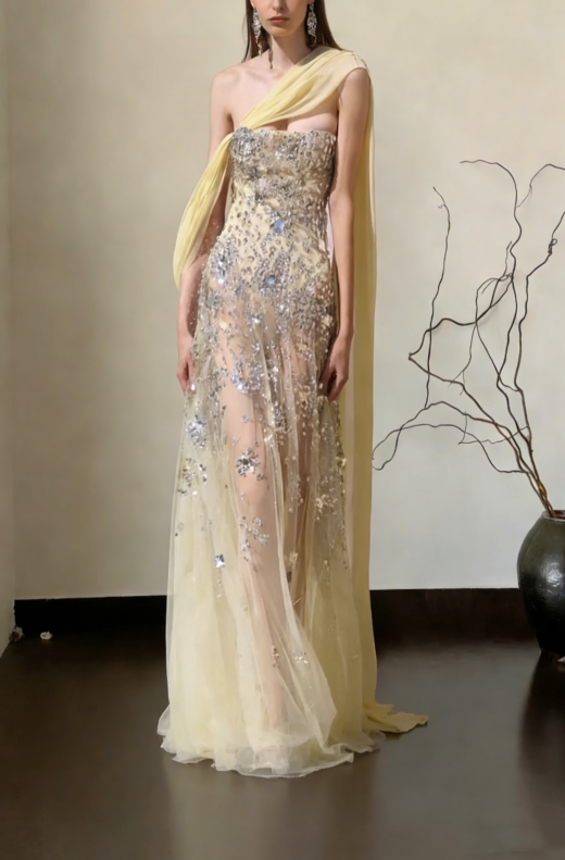 Shiny Yellow Tulle Chiffon Beaded A Line Long Party Dress Birthday Prom Dresses SP1544