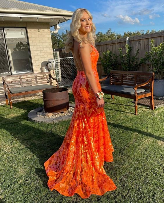 Shiny Mermaid Orange Lace Long Prom Dress,Glam Dress Y6198