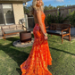Shiny Mermaid Orange Lace Long Prom Dress,Glam Dress Y6198