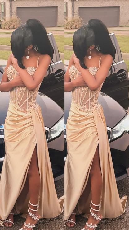 Elegant Sage Green Satin Appliques Beaded Mermaid Slit Long Party Dress Spaghetti Straps Long Wedding Guest Dress SP3721