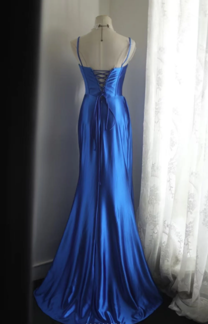 Classy Blue Spaghetti Straps Satin Pleated Mermaid Long Party Dress Birthday Prom Dresses SP1201