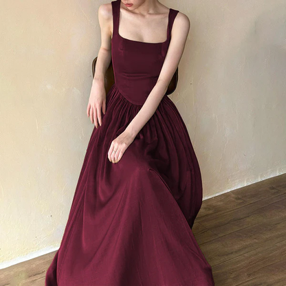 Vintage Square Neck Burgundy Satin A Line Bridesmaid Dress Long wedding Guest Dress SP2133