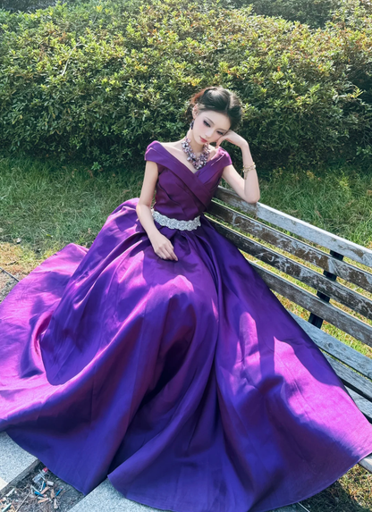 Gorgeous Off The Shoulder Ball Gown Purple Satin Beaded Long Party Dress Prom Gown SP2068