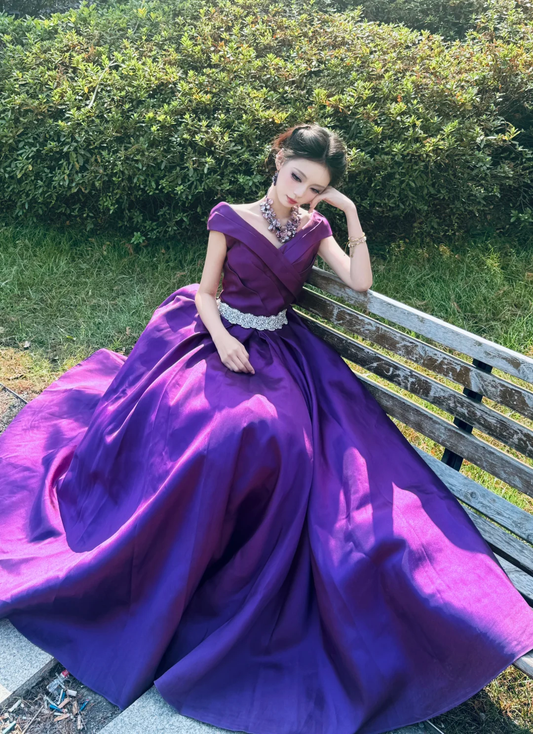 Gorgeous Off The Shoulder Ball Gown Purple Satin Beaded Long Party Dress Prom Gown SP2068