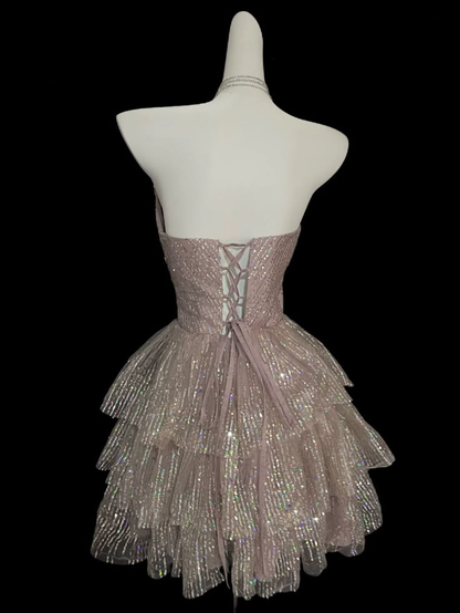 Glitter Sweetheart Neck Sequin Short Birthday Outfits,Pink Short Graduation Homecoming Dress SP3645