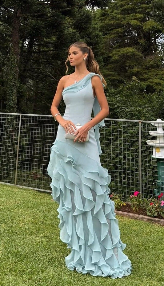 Classy Blue One Shoulder Ruffles Long Wedding Guest Dress Party Dress SP988