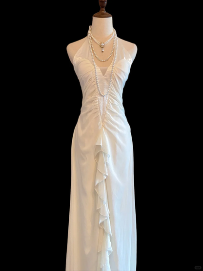 Classy Halter White Chiffon Ruffle Sheath Long Evening Dress Party Gown SP4084