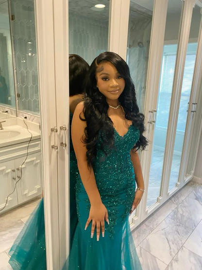 Dark Green Mermaid Tulle Lace Prom Dress Winter Formal Gown  Y4169