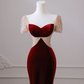 Beaded burgundy velvet sweetheart neckline bodycon prom dress Y6618