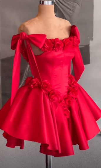 Fashion Bow Straps Satin A Line Mini Cocktail Dress,Red Short Homecoming Dress With 3D Florals SP3197