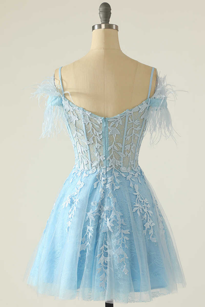 Light Blue Appliques Cold-Shoulder A-Line Short Homecoming Dress Y2672