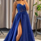 A-line Spaghetti Straps Dark Blue Long Evening Dress with Slit Y5993