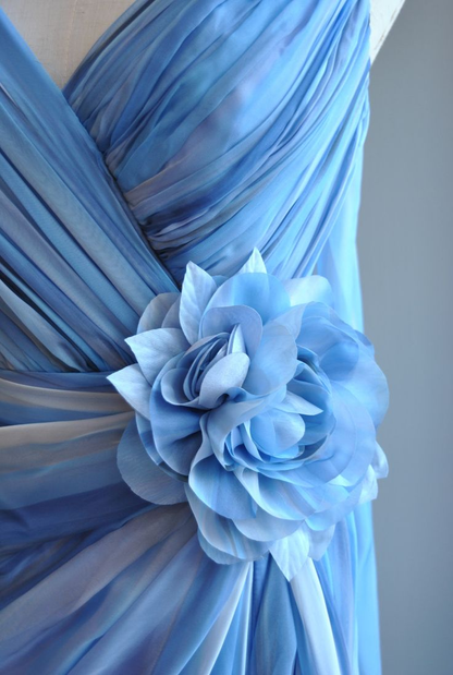 Pretty V Neck Blue Ombre Chiffon Print Floral Pleated Mermaid Evening Dress Long Prom Gown With Ribbon SP461