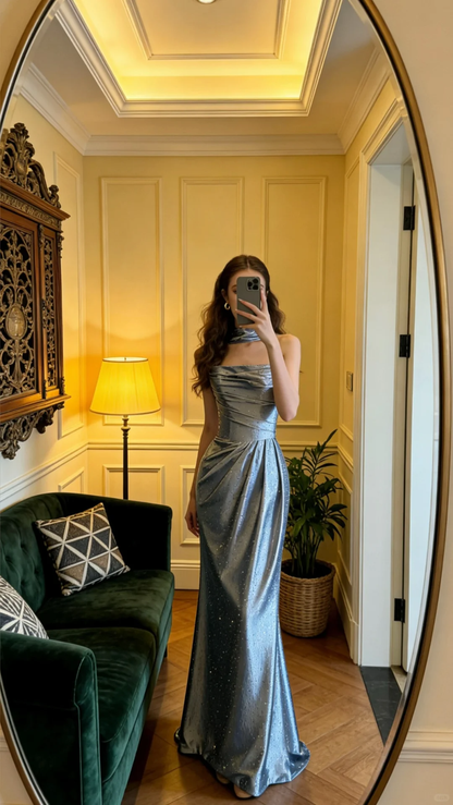 Chic Blue Strapless Satin Beaded Mermaid Long Party Dress Formal Wedding Guest Dress SP2064