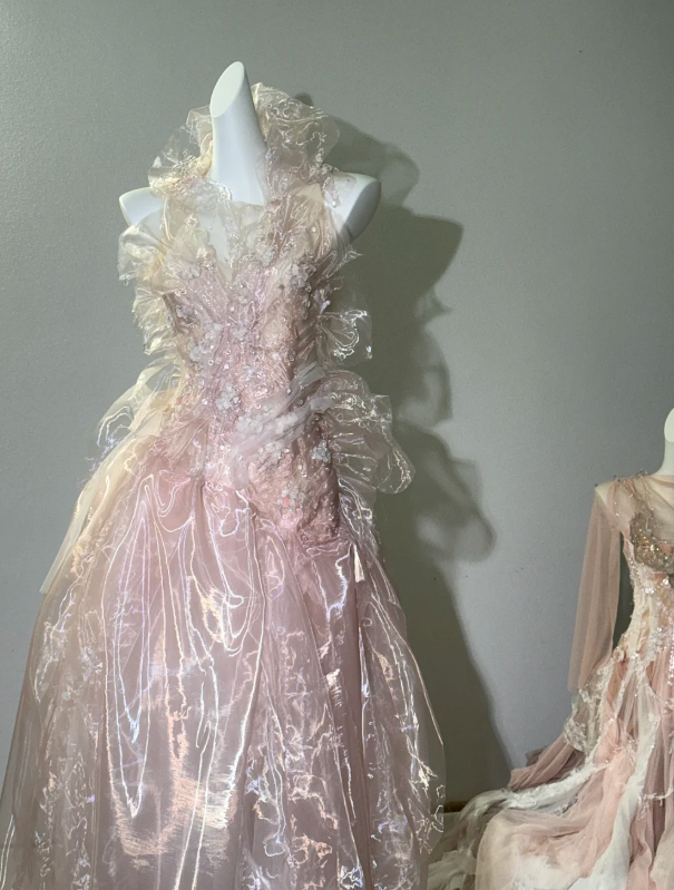 Fairy Pink Tulle Beaded Prom Dress,Long Backless Evening Dress Y8564