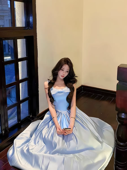 Cute Blue Bow Satin A Line Long Evening Dress Formal Evening Dress SP2028