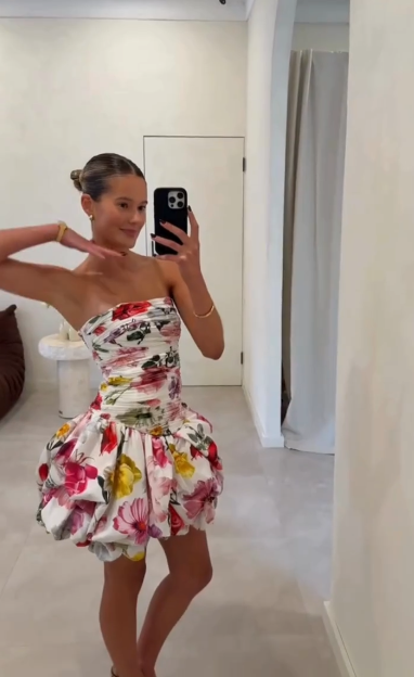 Beautiful Strapless Satin Print Floral A Line Short Graduation Homecoming Dress 20th Birthday Outfits SP52