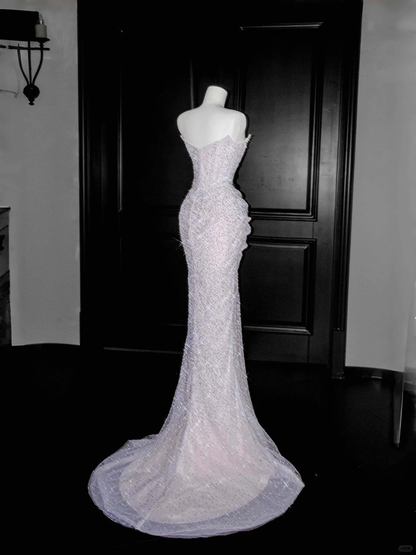 Sparkly Lilac Tulle Beaded Prom Dress,Strapless Mermaid Evening Dress Y8664