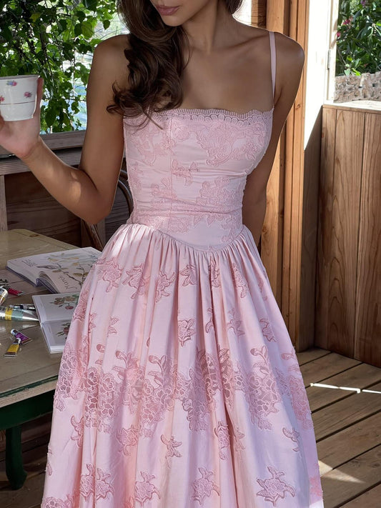 Elegant Spaghetti Straps Pink Lace A Line Long Party Dress Birthday Dress SP2671