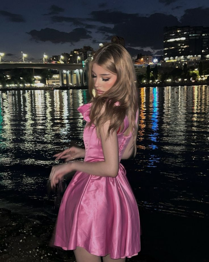 Cute Pink Satin A Line Short Prom Dress,Formal Graduation Homecoming Dress SP2815