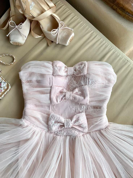 Glamorous Blush Pink Strapless Bow Homecoming Dress Ruffled Trim Fluffy Layered Tulle A-Line Mini Birthday Outfits SP2752