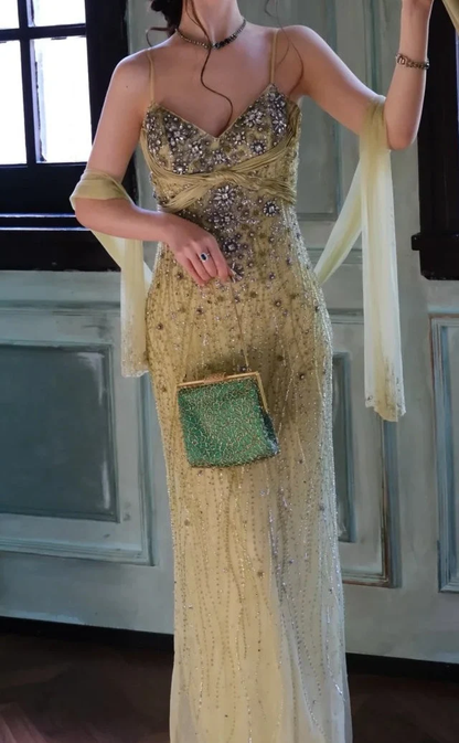 Retro Green Spaghetti Straps Chiffon Beaded Mermaid Long Party Dress Prom Gown SP3862