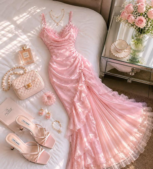 Classy Pink Chiffon Tulle Ruffles Mermaid Party Dress Long Wedding Guest Dress SP2687