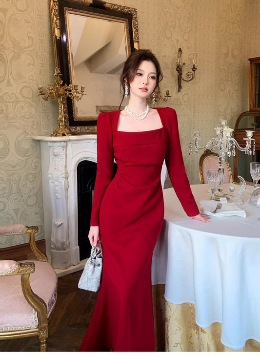 Pretty Red Satin Pleated Mermaid Formal Wedding Guest Dress Long Evening Dress SP1654