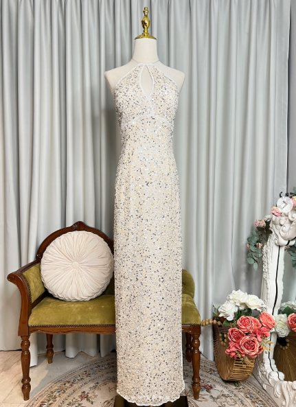 Sparkle Halter Backless Sequin Sheath Long Party Dress Formal Wedding Guest Dress SP630