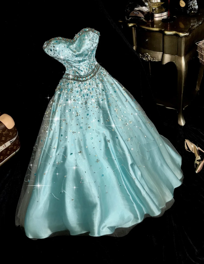 Cute Strapless Blue Satin Sequin Beaded Long Prom Dress Party Gown SP818