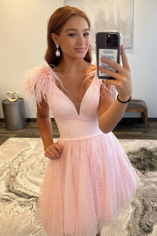 Pink A-line Tulle Deep V Neck Homecoming Dress with Feathers,Y2427