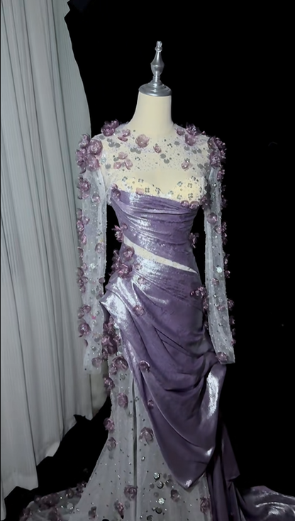 Charming Purple Satin Tulle Appliques Beaded Mermaid Party Dress Pink Long Prom Dress SP4219