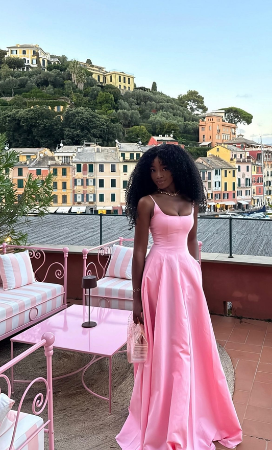 Elegant Spaghetti Straps Pink Satin A Line Party Dress Long Wedding Guest Dress SP2483
