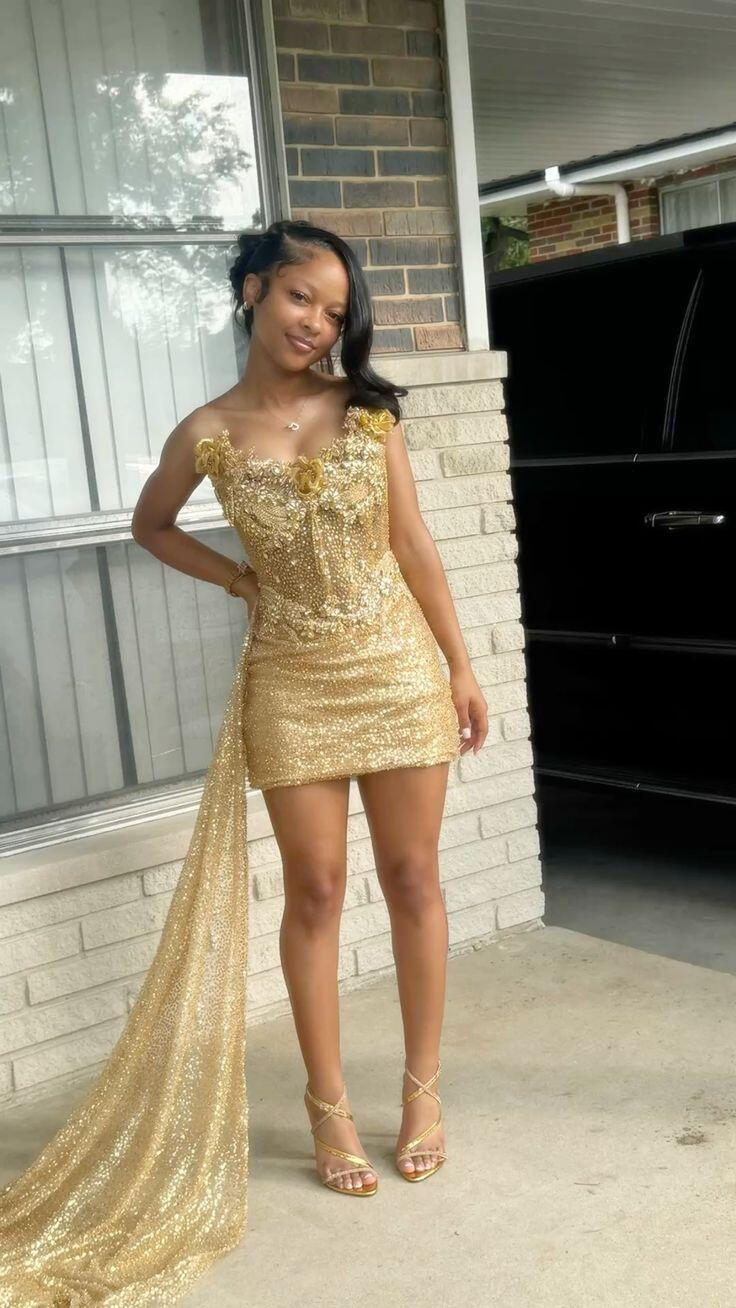 Gorgeous Strapless Gold Sequin Beaded Sheath Short Graduation Homecoming Dress Birthday Dress SP3472