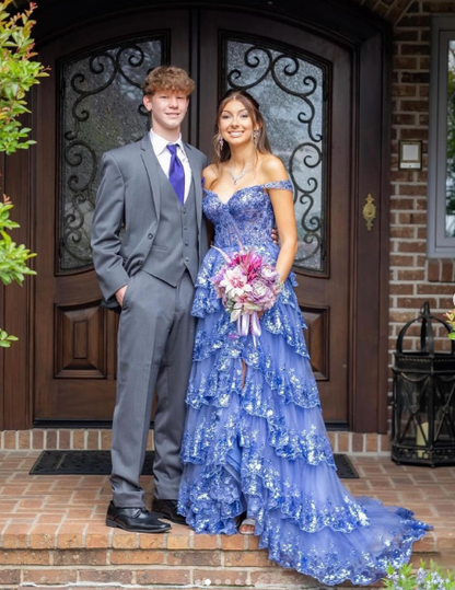 Charming Off The Shoulder Blue Tulle Sequin Layered Mermaid Long Wedding Guest Dress Formal Birthday Evening Gown SP1098