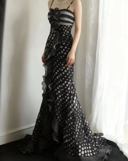 Unique Spaghetti Straps Chiffon Ruffle Mermaid Long Evening Dress Birthday Prom Dresses SP1024