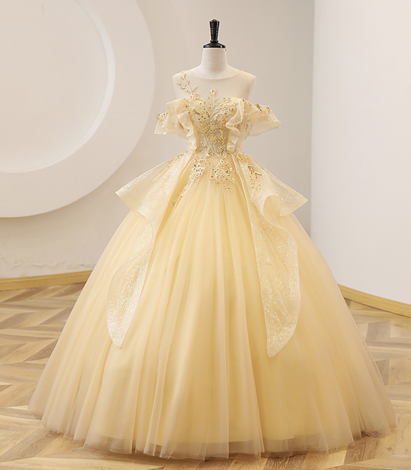 Yellow Ball Gown Beaded Sweet 16 Dress, Yellow Long Formal Dress Y4045