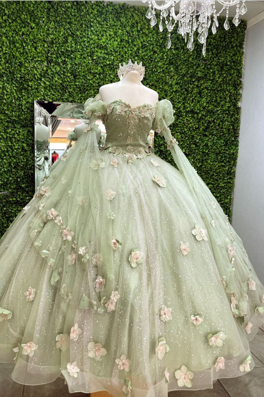 Shiny Light Sage Green Princess Dress with Flowers，Light Sage Green Ball Gown,Sweet 16 Dress Y2188