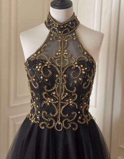 Fashion Halter Black Tulle Beaded A Line Cocktail Dress Formal Homecoming Dress Y9052