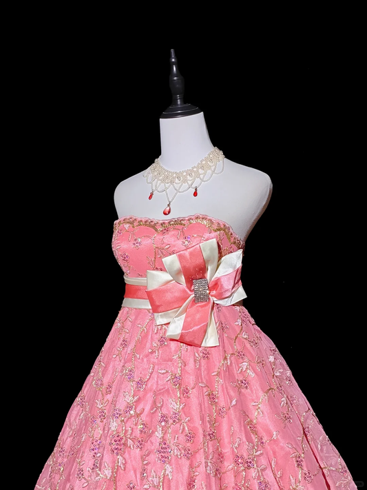 Gorgeous Pink Strapless Satin Tulle Embroidered A Line Short Homecoming Dress Birthday Outfits SP2710