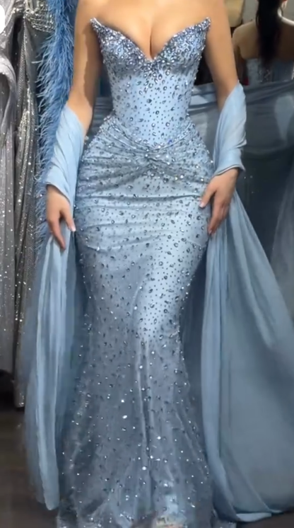 Elegant Strapless Blue Tulle Beaded Mermaid Long Prom Dress Party Dress SP3406