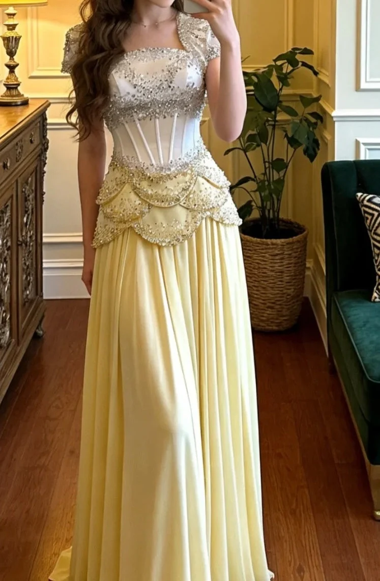 Gorgeous Yellow Chiffon Beading Pleated Long Party Dress Backless Long Birthday Prom Dress SP3864