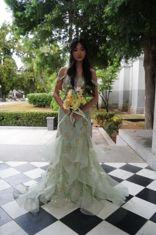 Pretty Green Off The Shoulder Tulle Sequin Applique Mermaid Long Party Dress Birthday Dress SP2675