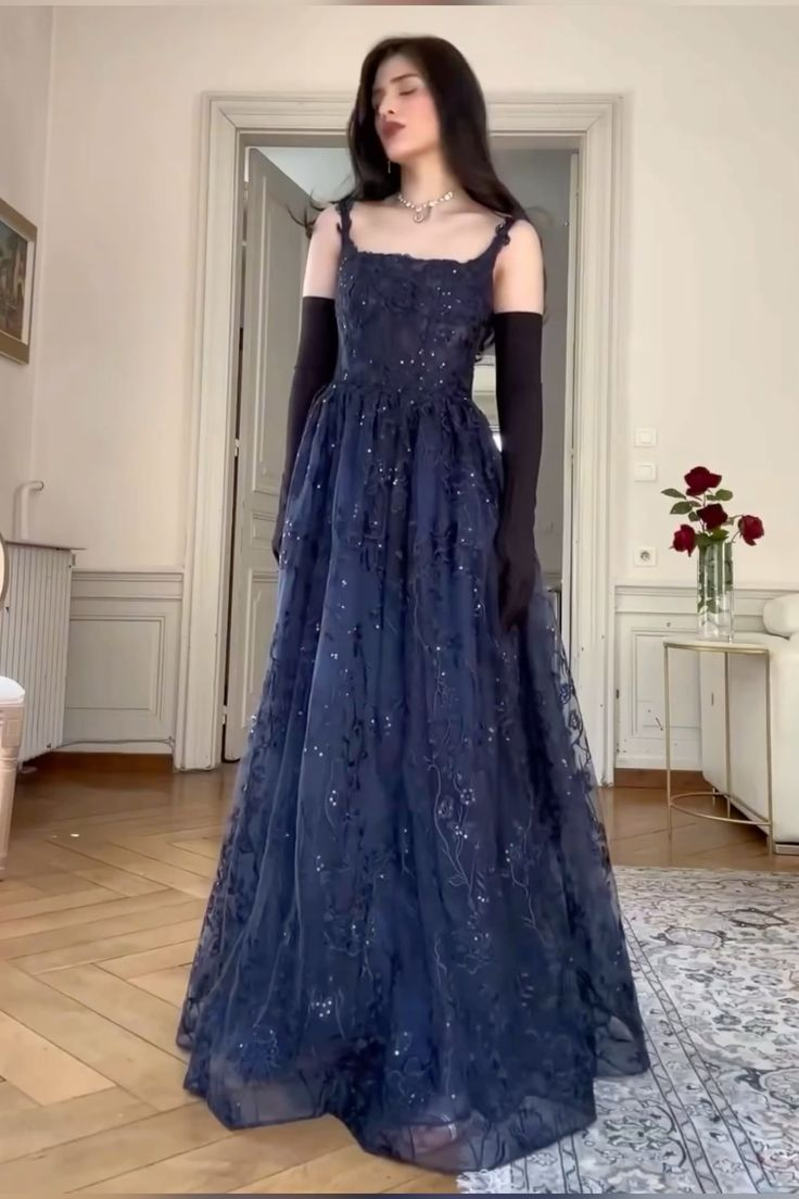 Navy Blue A Line Lace Appliques Prom Dress Elegant   Evening Gown Y7830