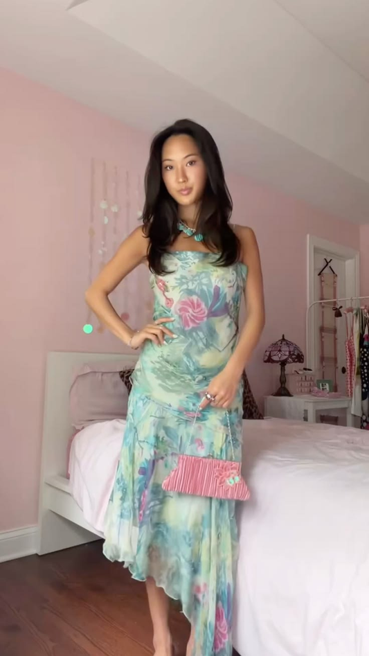 Chic Strapless Chiffon Print Floral Mermaid Long Prom Dress Party Gown SP3013