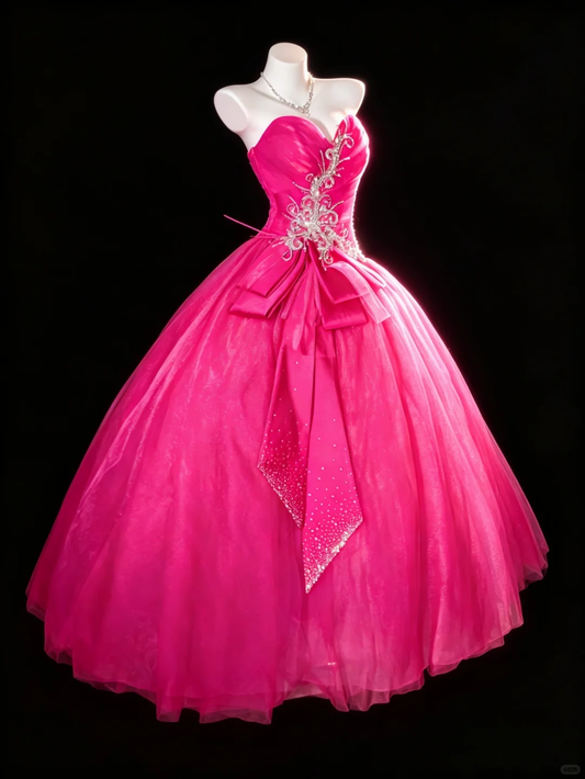 Glamorous Strapless Sweetheart Hot Pink Tulle Ball Gown Crystal Rhinestone Embellished Quinceanera Dress SP2737