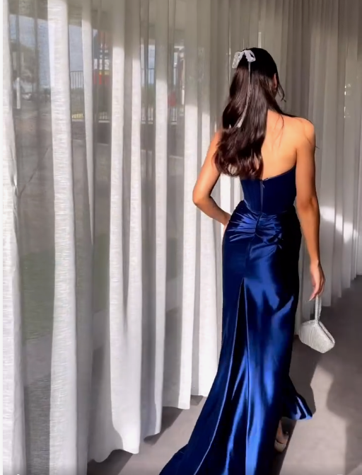 Elegant Blue Strapless Prom Dress With Split  Y5934