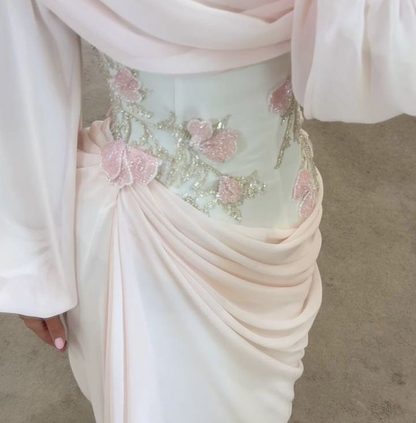 Pretty Pink Chiffon Pleated Mermaid Long Wedding Guest Dress Birthday Evening Gown SP1138