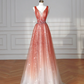 Elegant V Neck Tulle Sequins Prom Dress,Strawberry Pink A Line Long Evening Dress Y8614