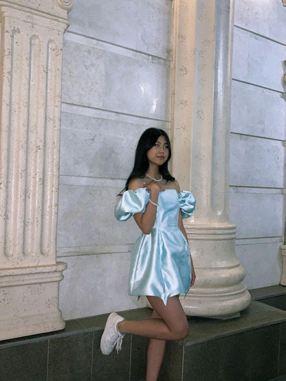 Cute Blue Off The Shoulder Satin A Line Short Graduation Homecoming Dress Cocktail Dress SP3479